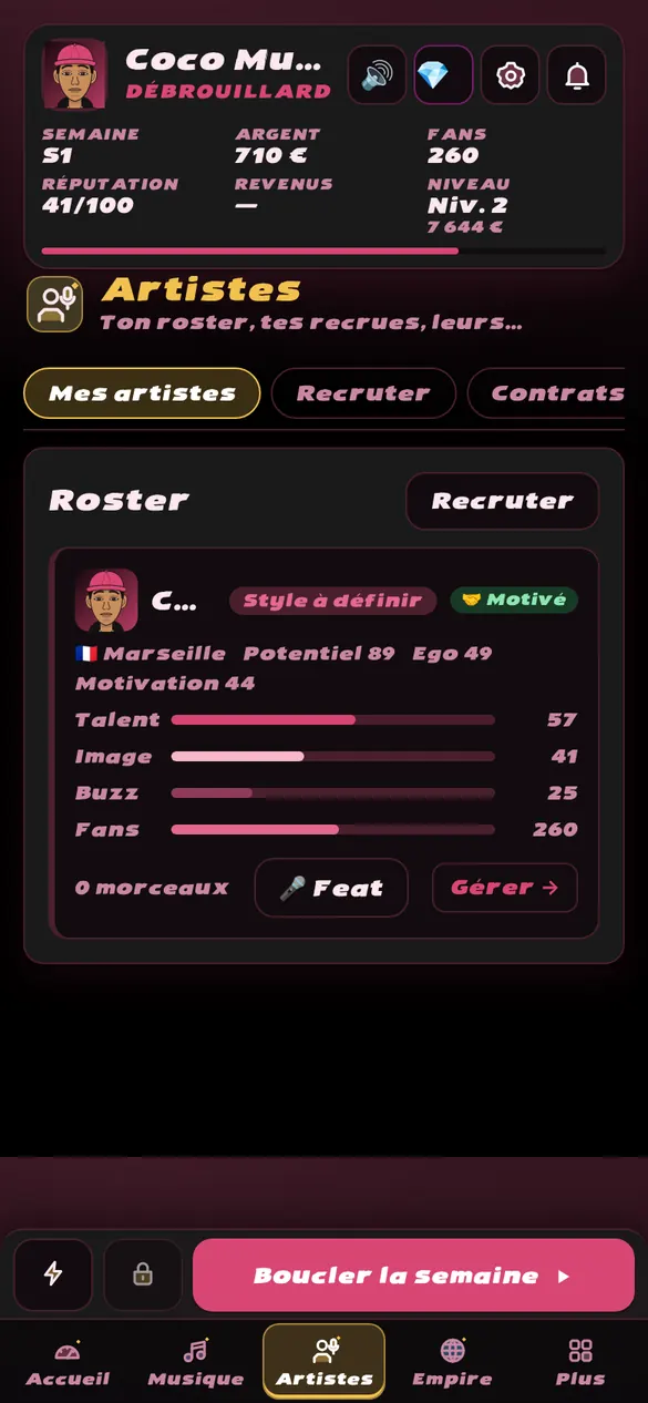 Onglet Artistes de Boss Empire : fiche d’un artiste du roster avec talent, image, buzz et fans.