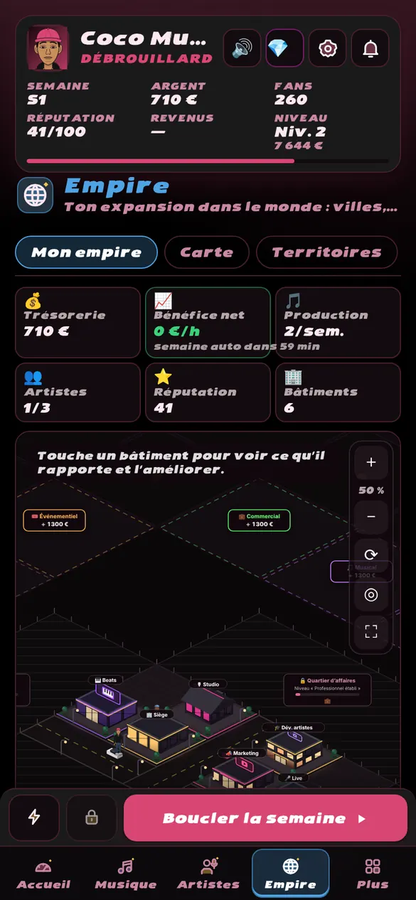 Onglet Empire de Boss Empire : indicateurs du label et carte isométrique des bâtiments.