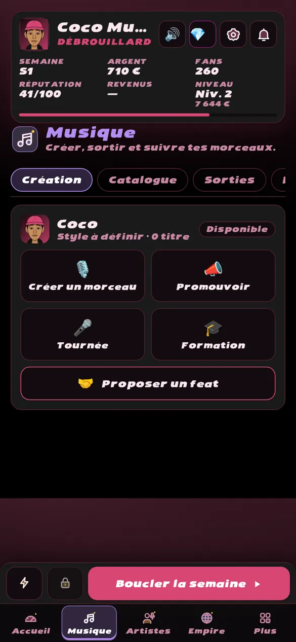 Onglet Musique de Boss Empire : créer un morceau, promouvoir, partir en tournée, proposer un feat.